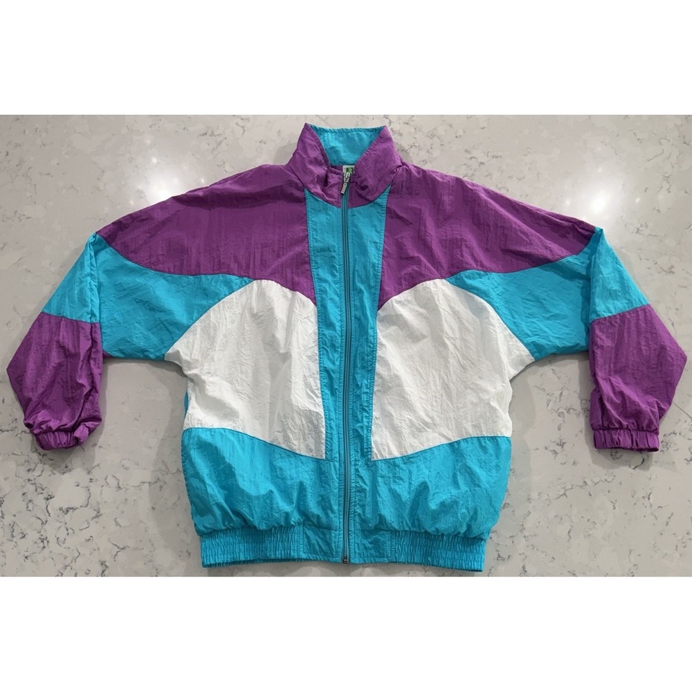 VTG 90s Bold Spirit Windbreaker Jacket Womens Medium Teal Purple Colorblock